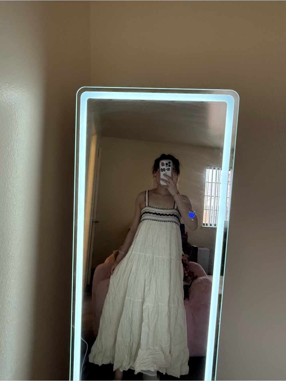 Elegant Cream Tiered Maxi Dress with Black Trim